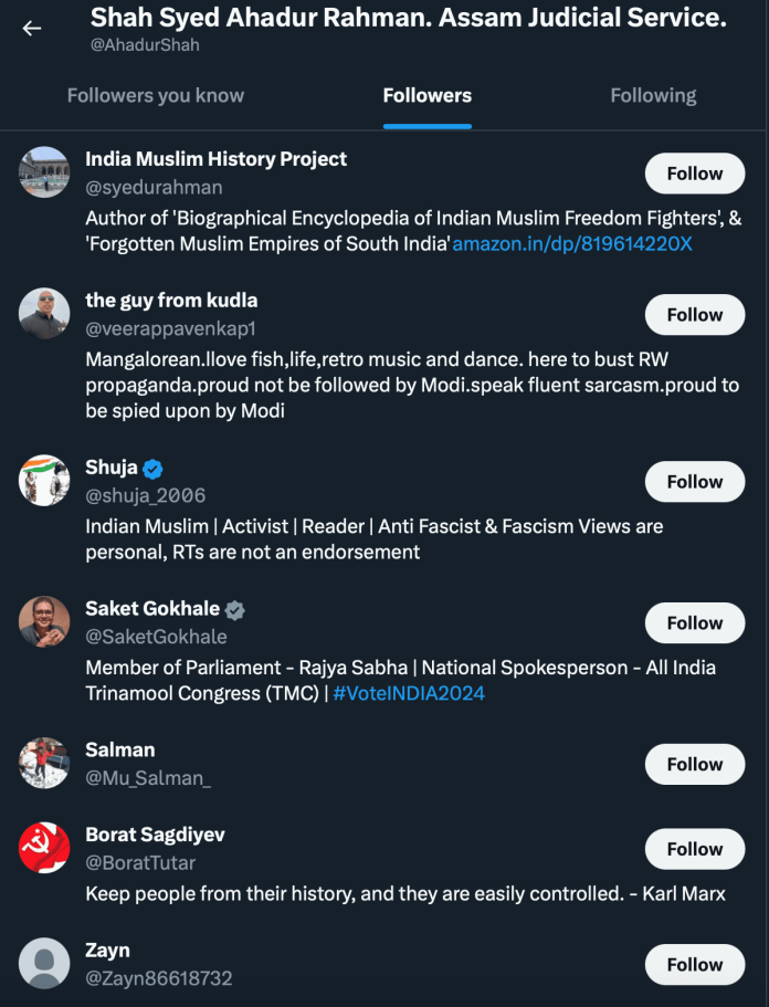 Screengrab of the followers’ list of Shah Syed Ahadur Rahman