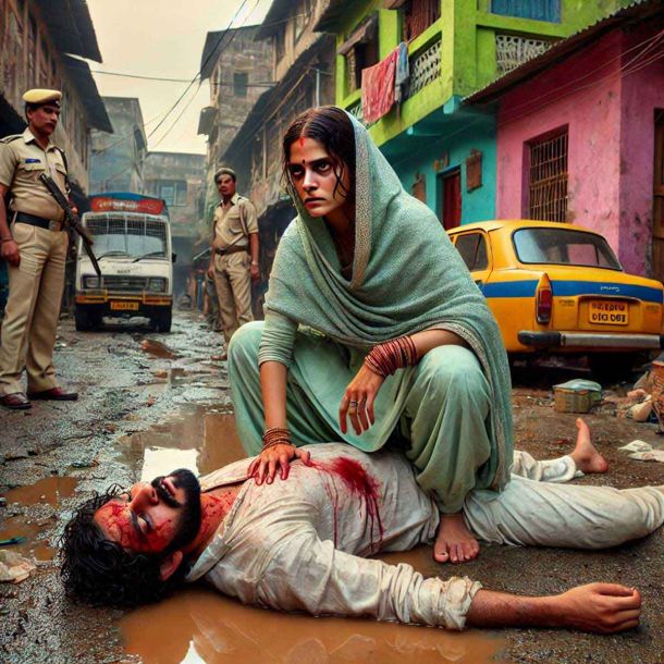 A wife kills her husband by hitting his head with a brick and then throws pieces of his flesh here and there.